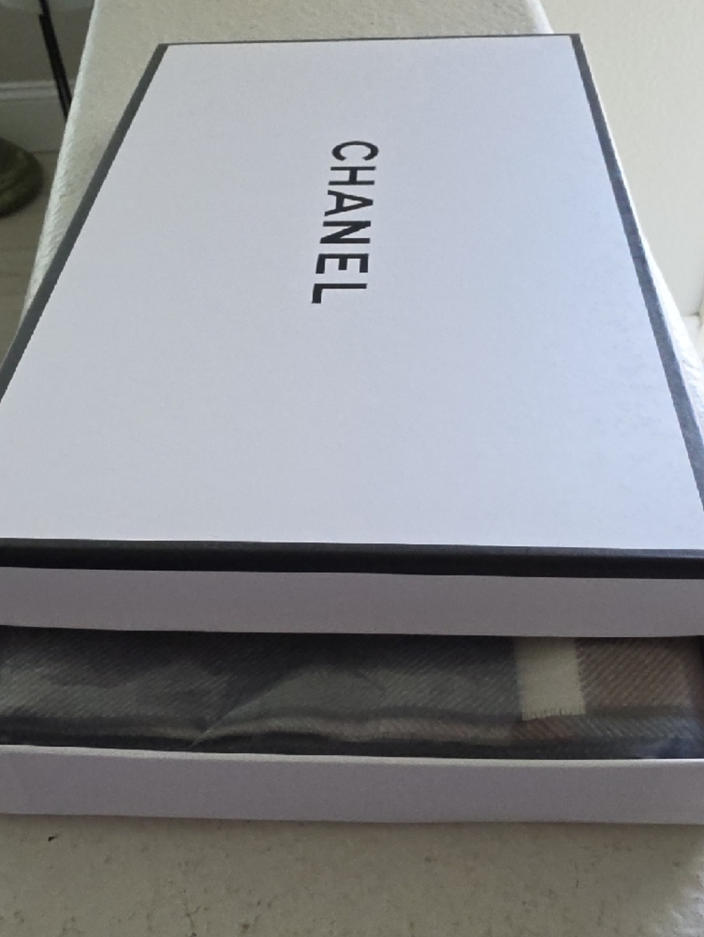 CHANEL Light Gray and Taupe Striped Wool Scarf - Picture 6 of 7